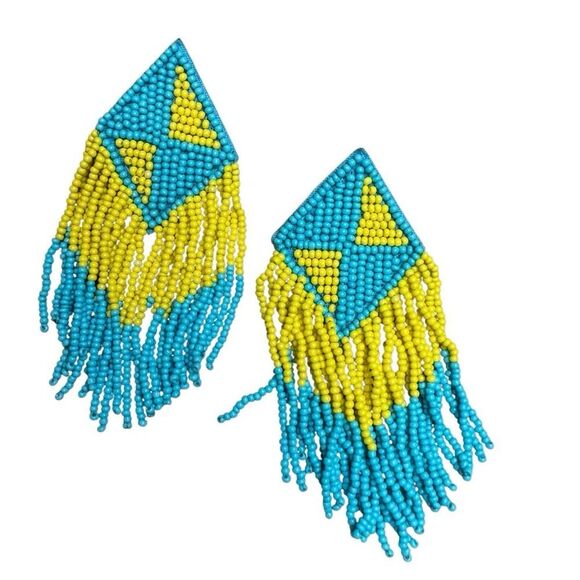 Blue & Yellow Seed Bead Triangle Tassel Earrings - Picture 1 of 4